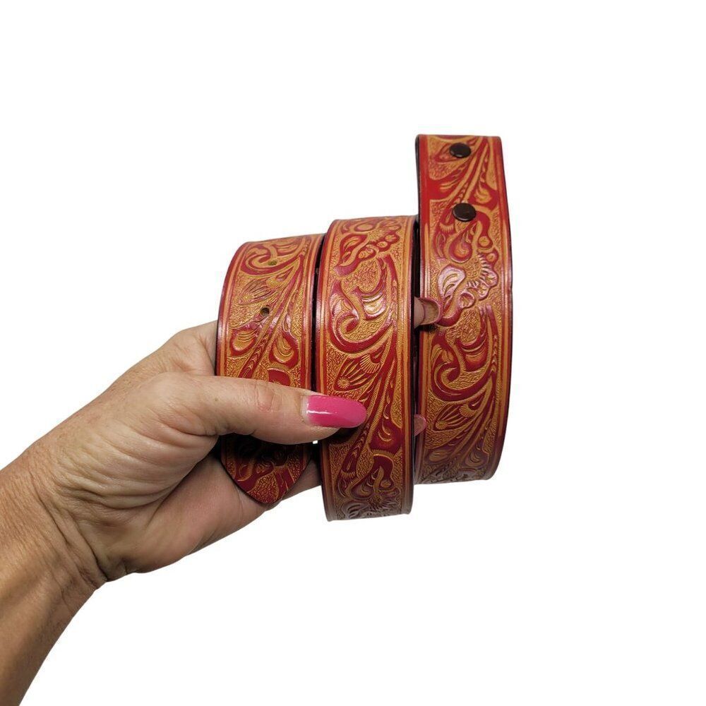 Vintage Style‎ Tooled Bonded Leather Red Belt S Floral Design Western Cowgirl